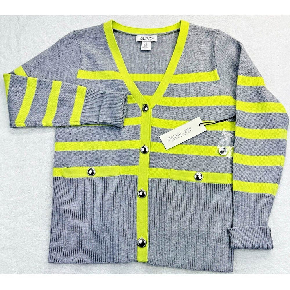 Rachel Zoe‎ Cardigan Sweater Women XS Grey Yellow Striped Ribbed L/S V-Neck